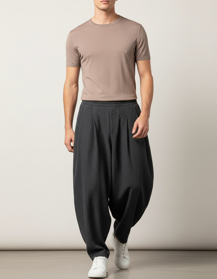 Pantalon Baggy Gris Foncé Ample Plissé Décontracté Homme - Laine