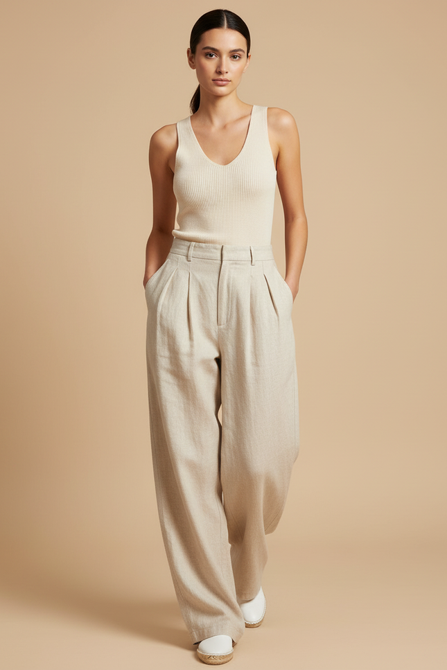 Pantalon Baggy Beige Plissé Taille Haute Fluide - Lin