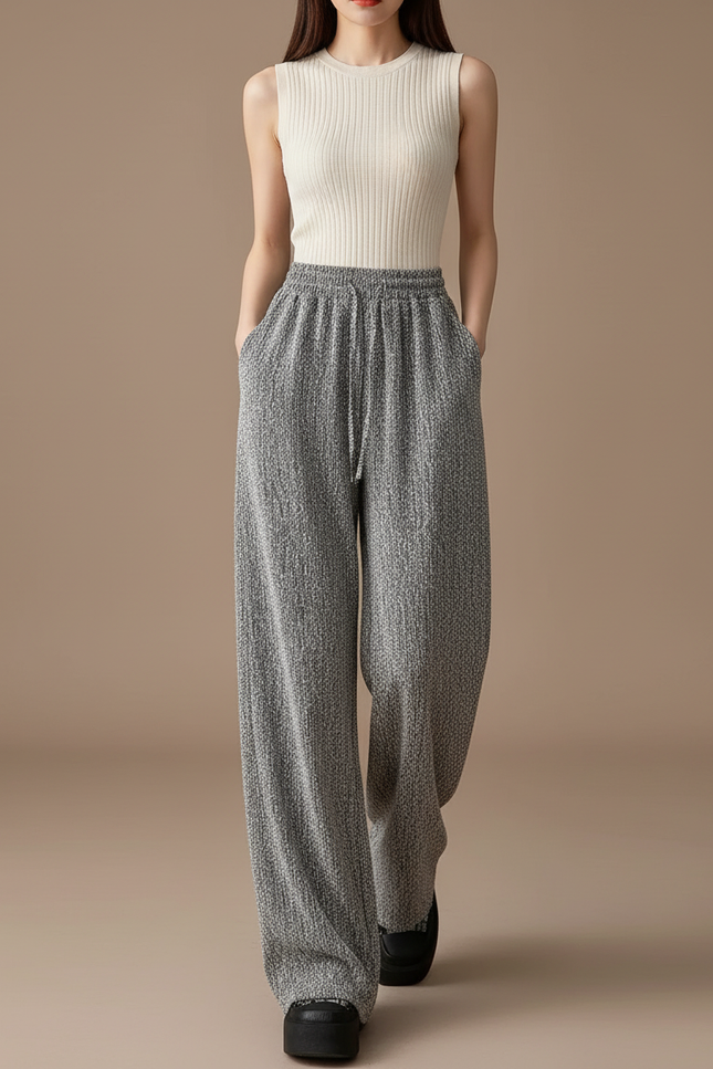 Pantalon Baggy Gris Ample Texturé Décontracté Femme - Tweed