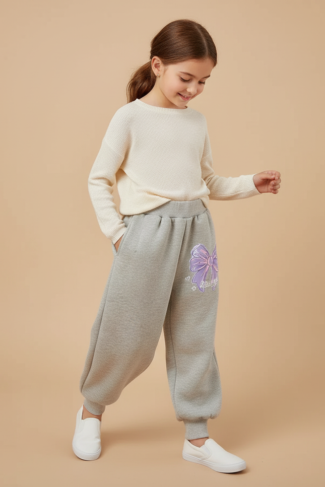 Pantalon Baggy Gris Molletonné Ample Motif Nœud Fille