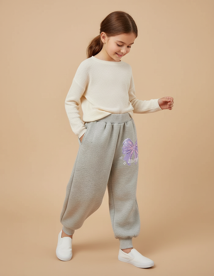 Pantalon Baggy Gris Molletonné Ample Motif Nœud Fille