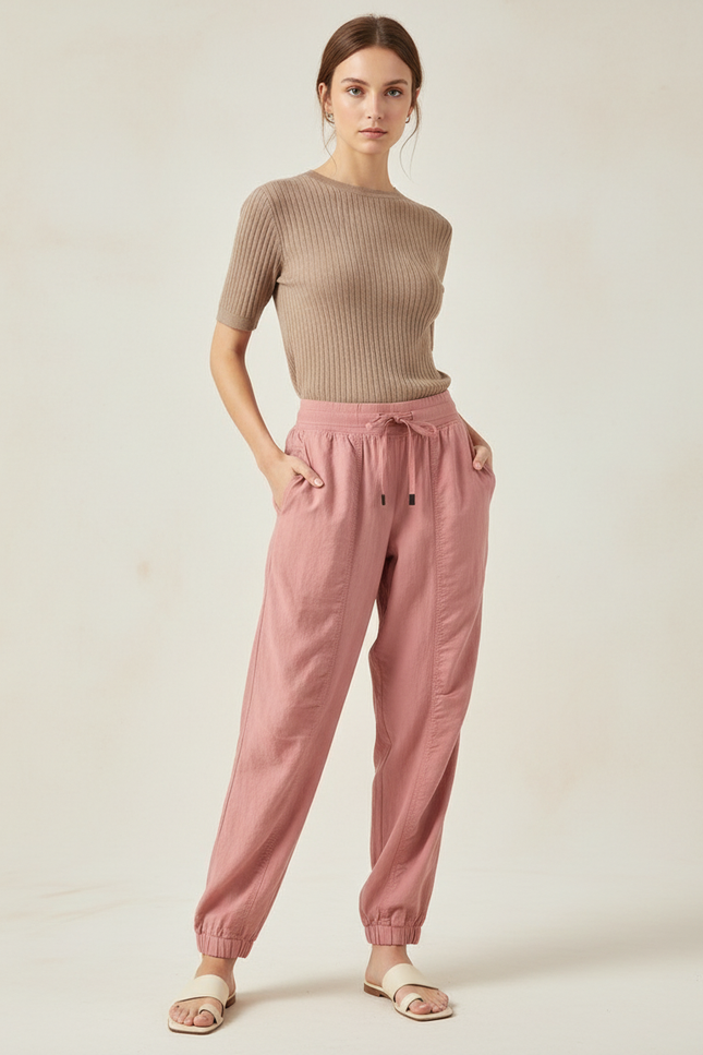 Pantalon Baggy Rose Fluide Taille Élastique Femme - Lin