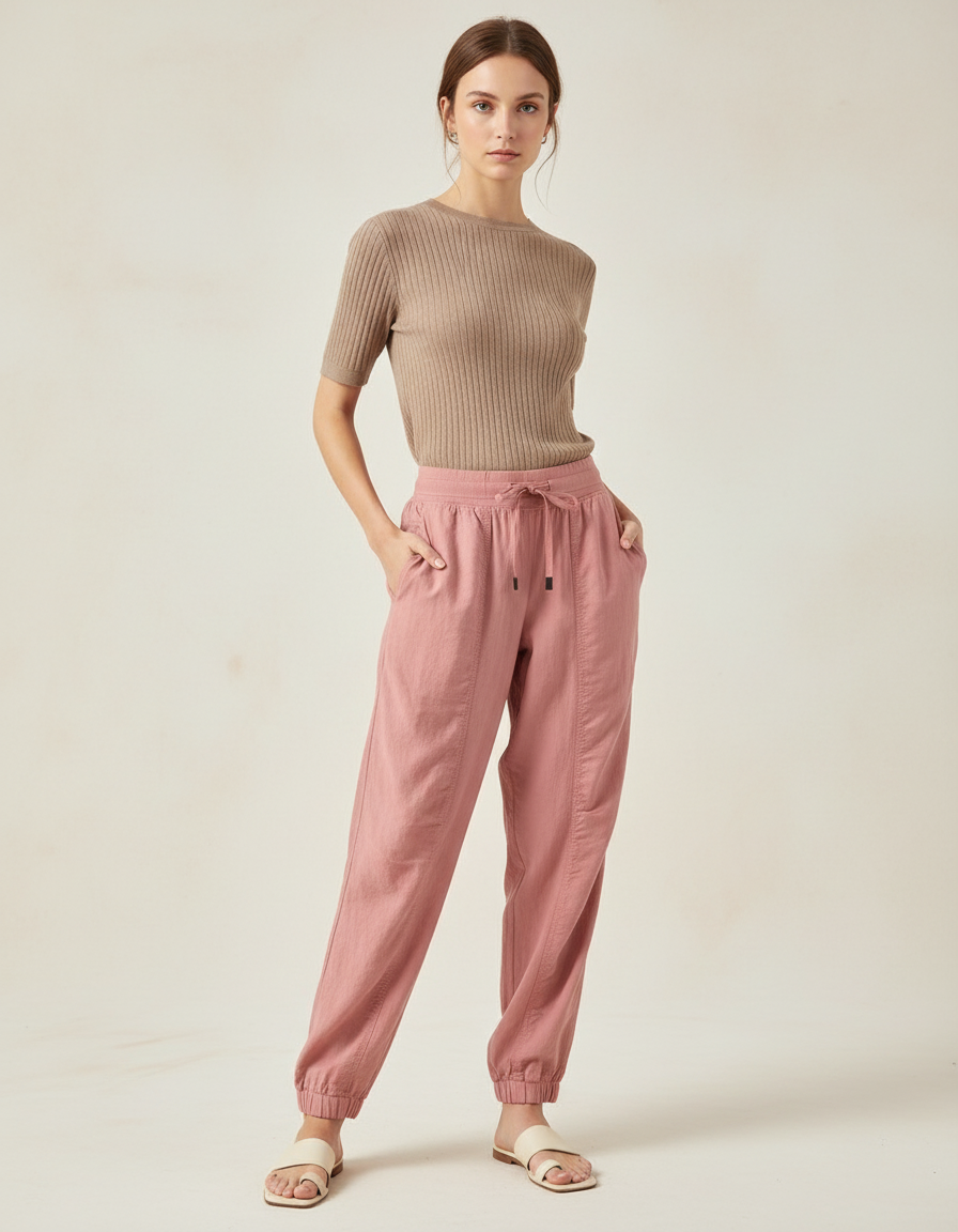 Pantalon Baggy Rose Fluide Taille Élastique Femme - Lin