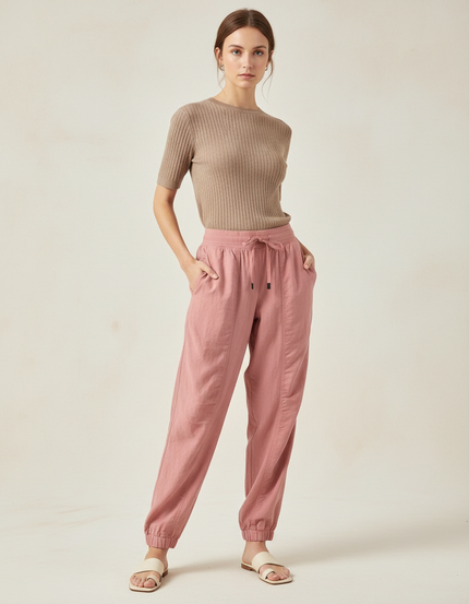 Pantalon Baggy Rose Fluide Taille Élastique Femme - Lin