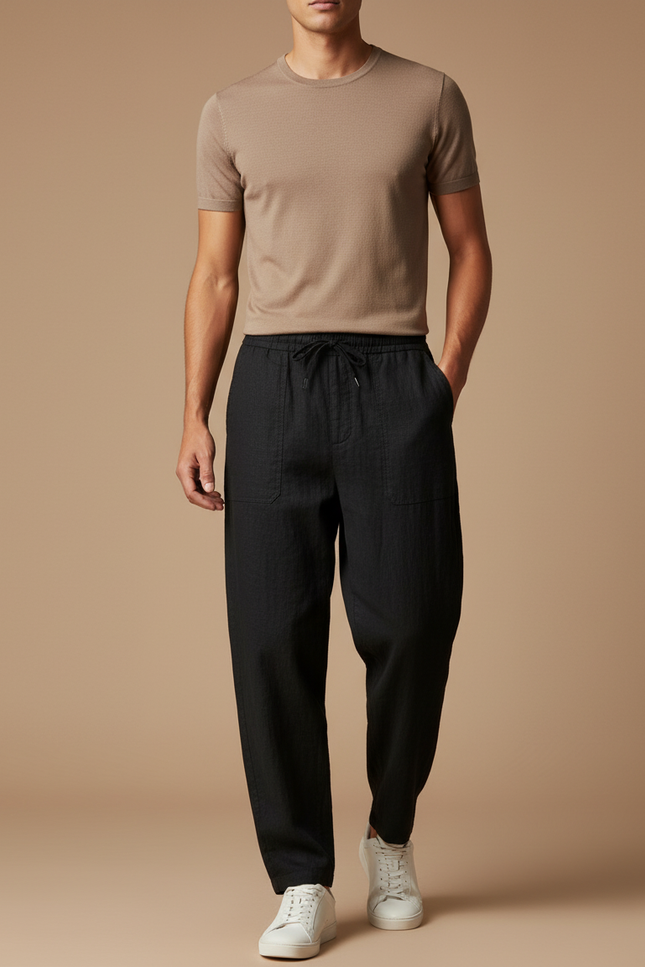 Pantalon Baggy Noir Lin Décontracté Ample Cordon