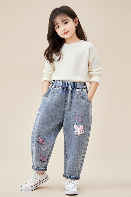 Pantalon Baggy Jean Bleu Lapin Brodé Ample Fille