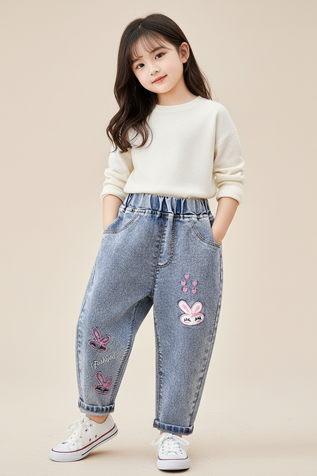 Pantalon Baggy Jean Bleu Lapin Brodé Ample Fille