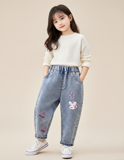 Pantalon Baggy Jean Bleu Lapin Brodé Ample Fille