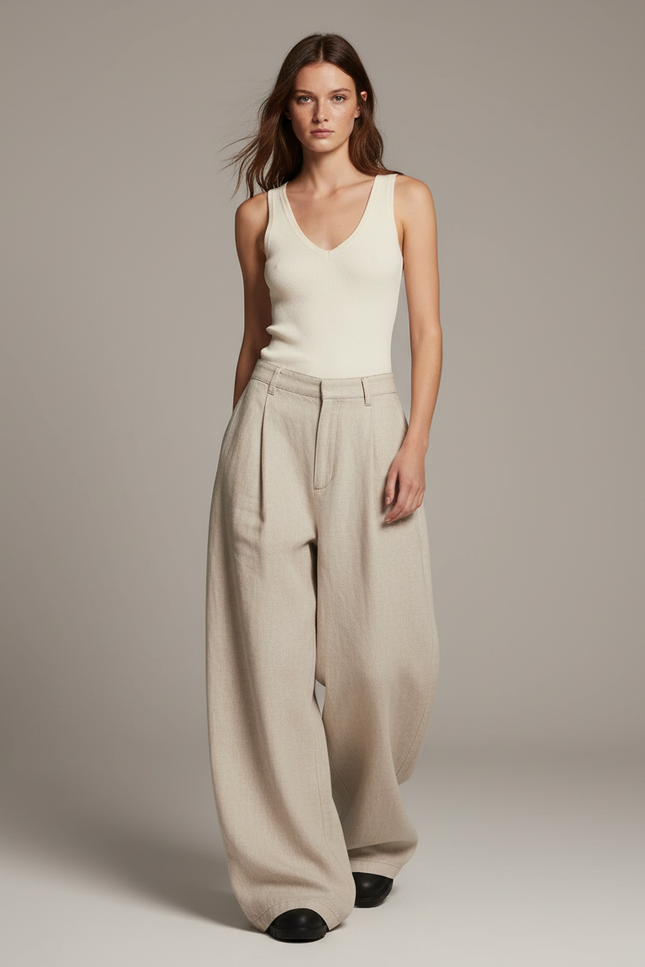 Pantalon Baggy Beige Ample Plissé Femme Élégant - Lin