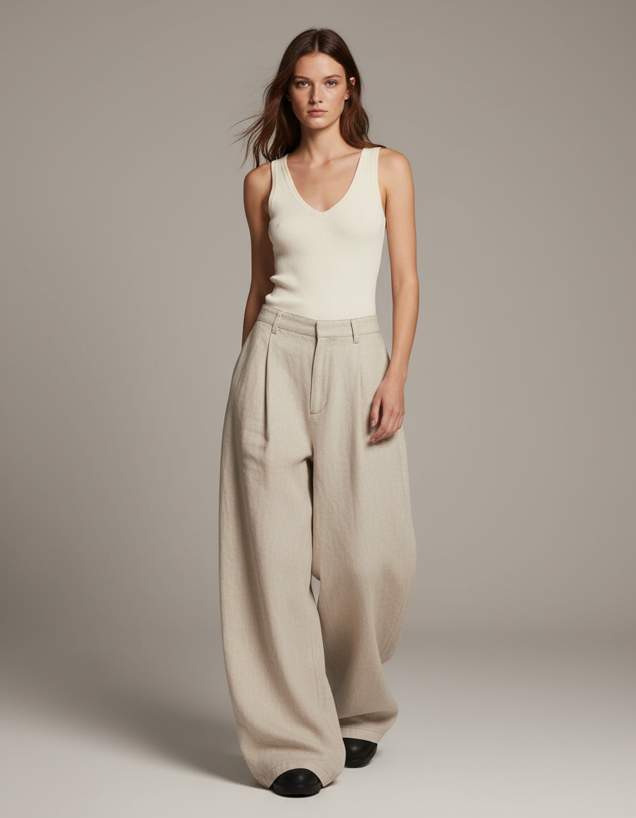 Pantalon Baggy Beige Ample Plissé Femme Élégant - Lin