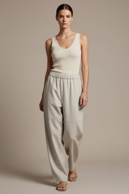 Pantalon Baggy Beige Ample Tissé Confortable Femme - Laine