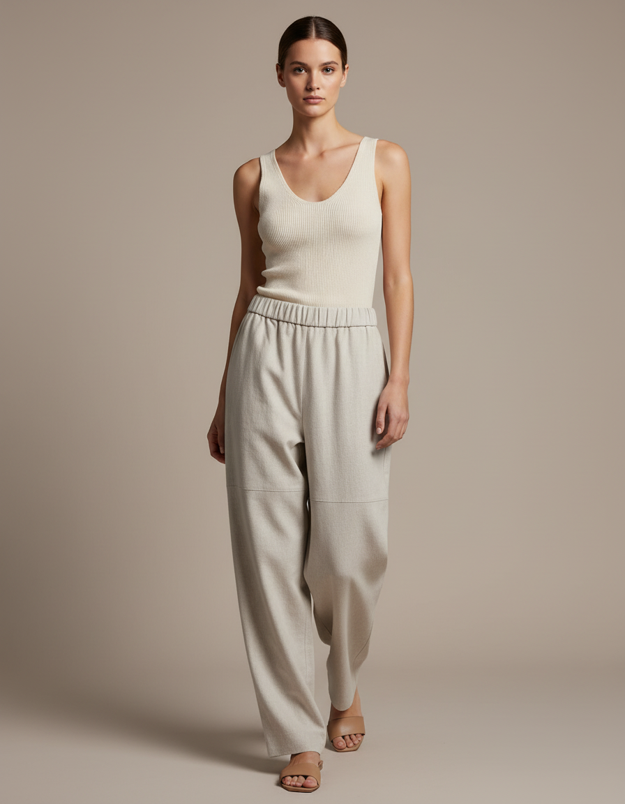 Pantalon Baggy Beige Ample Tissé Confortable Femme - Laine