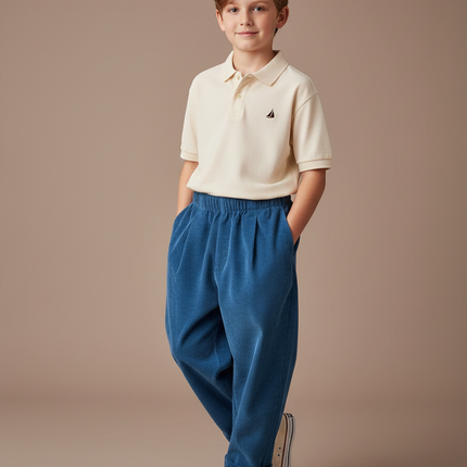 Pantalon Baggy Côtelé Bleu Ample Élastique Enfant - Cordé