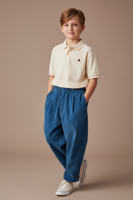 Pantalon Baggy Côtelé Bleu Ample Élastique Enfant - Cordé