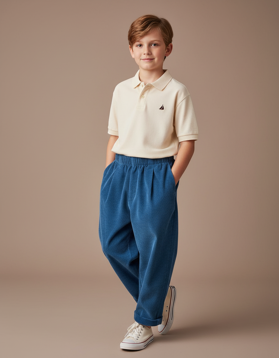 Pantalon Baggy Côtelé Bleu Ample Élastique Enfant - Cordé