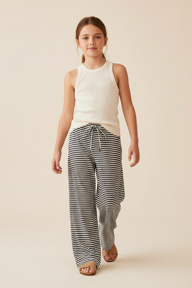 Pantalon Baggy Rayé Noir Blanc Ample Cordon Confortable Fille - Imprimé Maille