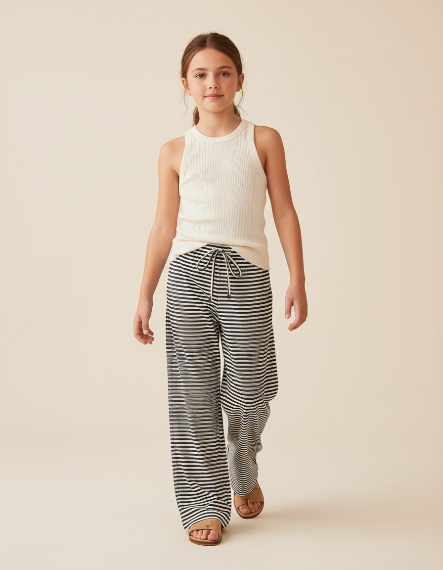 Pantalon Baggy Rayé Noir Blanc Ample Cordon Confortable Fille - Imprimé Maille