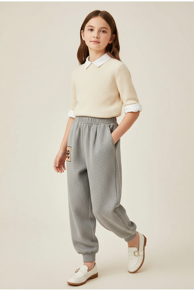 Pantalon Baggy Gris Chiné Molletonné Lettre Enfant