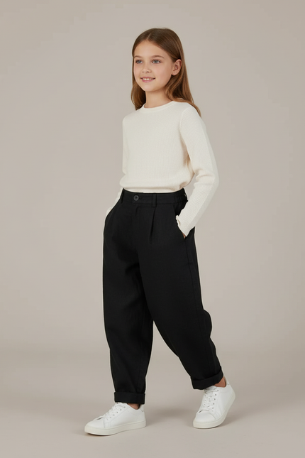 Pantalon Baggy Noir Ample Décontracté Fille - Coton