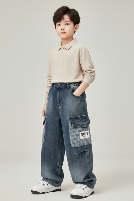 Pantalon Baggy Jean Dégradé Cargo Imprimé Garçon - Bleu