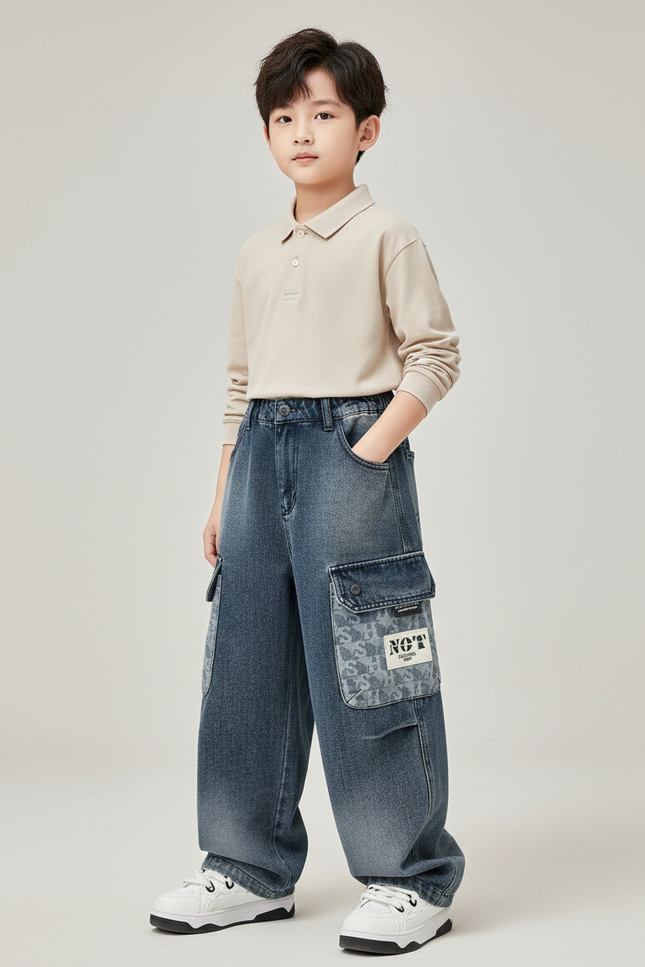 Pantalon Baggy Jean Dégradé Cargo Imprimé Garçon - Bleu