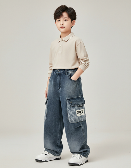 Pantalon Baggy Jean Dégradé Cargo Imprimé Garçon - Bleu