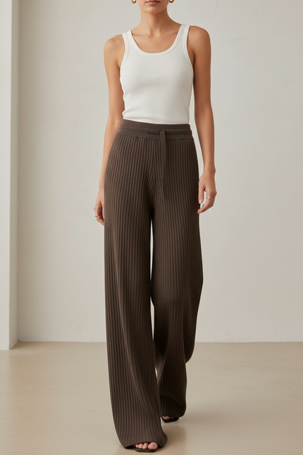 Pantalon Baggy Marron Côtelé Ample Tricoté Taille Haute Femme - Maille