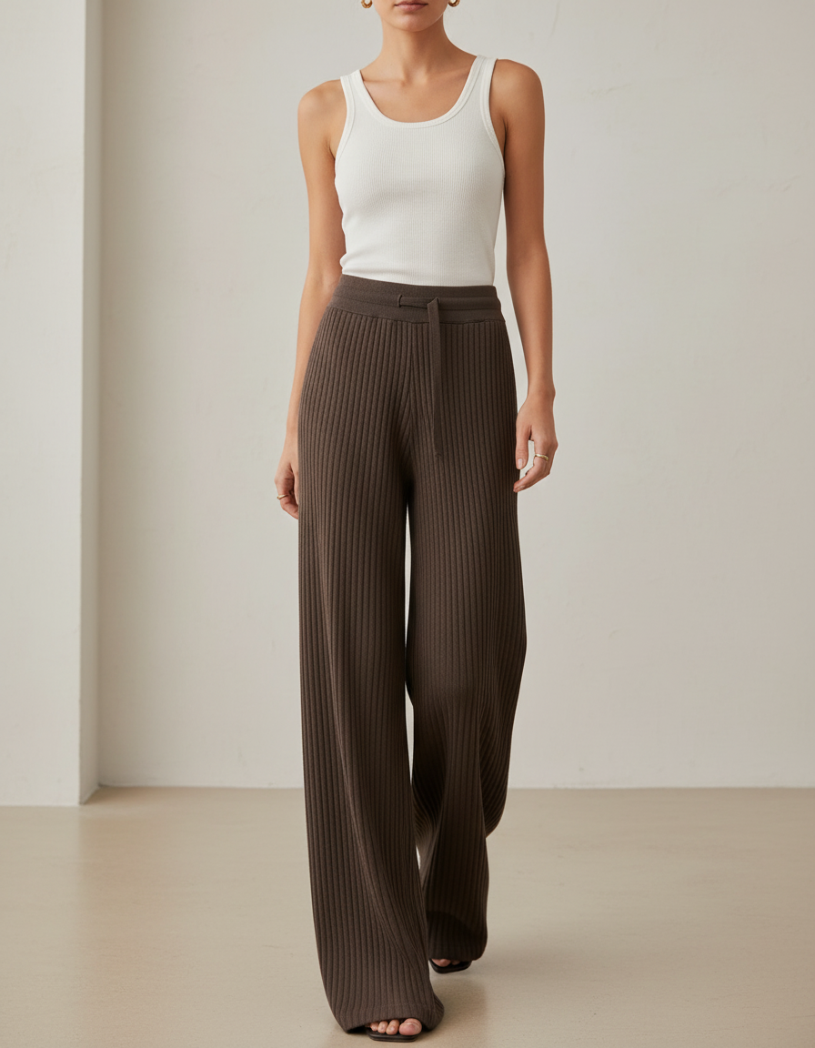 Pantalon Baggy Marron Côtelé Ample Tricoté Taille Haute Femme - Maille