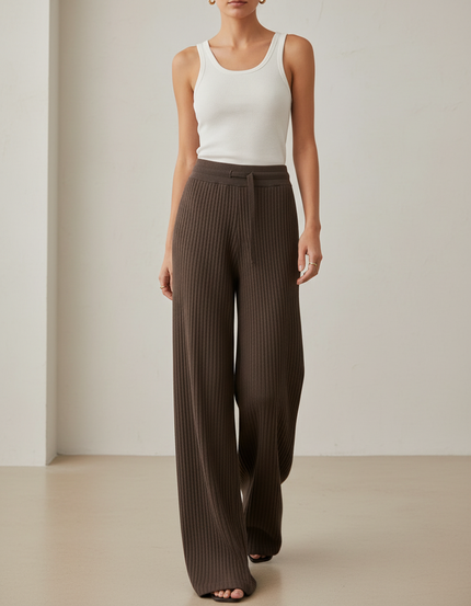 Pantalon Baggy Marron Côtelé Ample Tricoté Taille Haute Femme - Maille