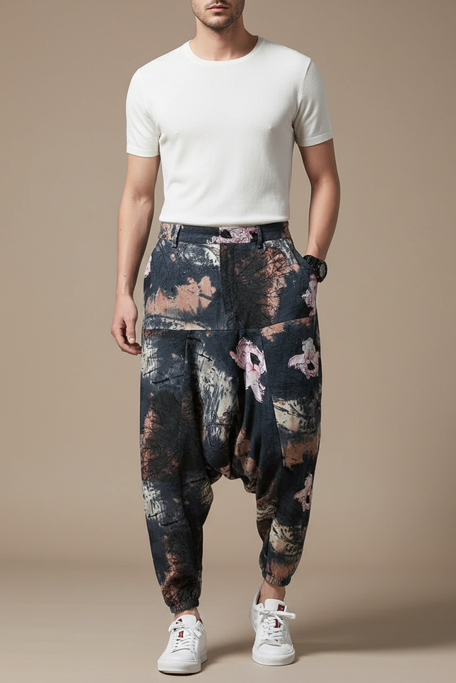 Pantalon Baggy Harem Imprimé Floral Coton Lin - Multicolore