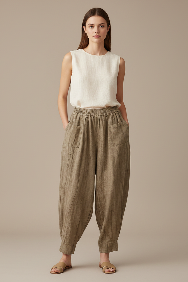 Pantalon Baggy Lin Plissé Ample Kaki Femme