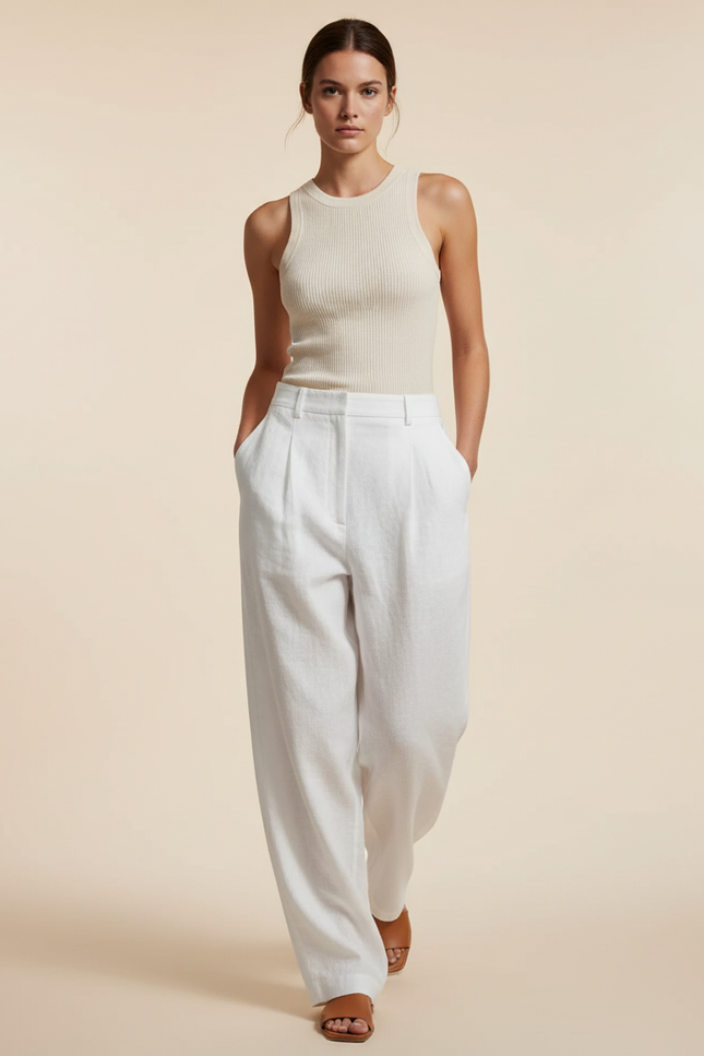 Pantalon Baggy Blanc Lin Fluide Ample Décontracté