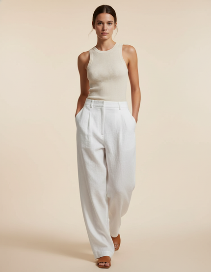 Pantalon Baggy Blanc Lin Fluide Ample Décontracté
