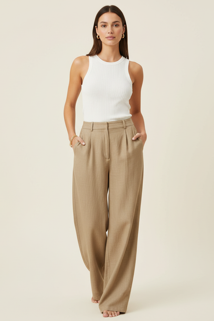 Pantalon Baggy Beige Lin Droit Fluide Élégant