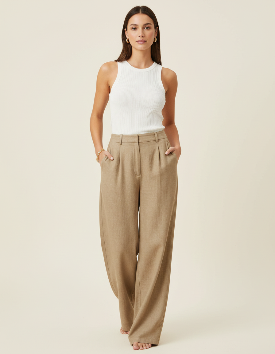 Pantalon Baggy Beige Lin Droit Fluide Élégant