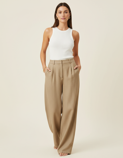 Pantalon Baggy Beige Lin Droit Fluide Élégant