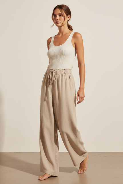 Pantalon Baggy Beige Cordon Ample Décontracté Fluide - Lin