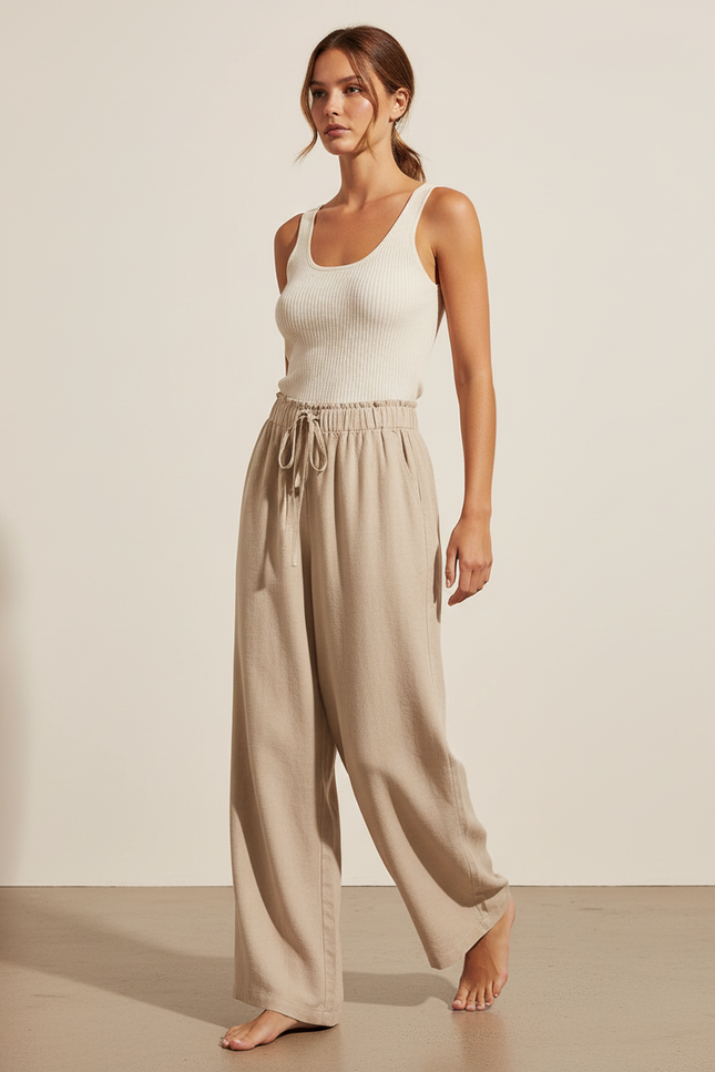 Pantalon Baggy Beige Cordon Ample Décontracté Fluide - Lin