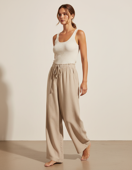 Pantalon Baggy Beige Cordon Ample Décontracté Fluide - Lin