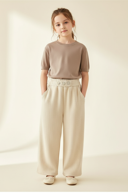 Pantalon Baggy Crème Côtelé Ample Élastique Enfant - Beige Cordé