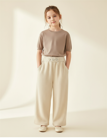 Pantalon Baggy Crème Côtelé Ample Élastique Enfant - Beige Cordé