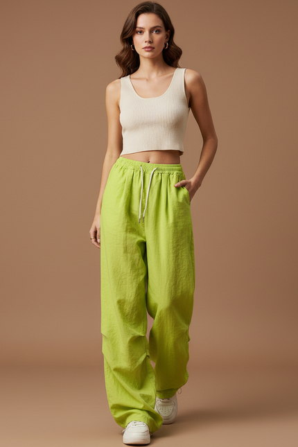 Pantalon Baggy Vert Fluorescent Ample Décontracté Cordon - Polyester