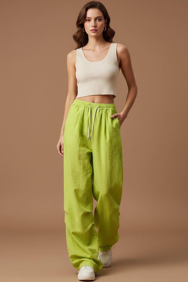 Pantalon Baggy Vert Fluorescent Ample Décontracté Cordon - Polyester