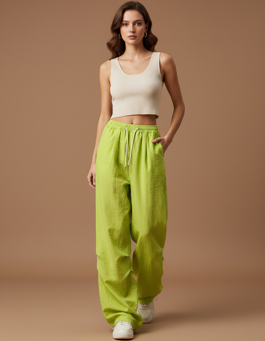 Pantalon Baggy Vert Fluorescent Ample Décontracté Cordon - Polyester