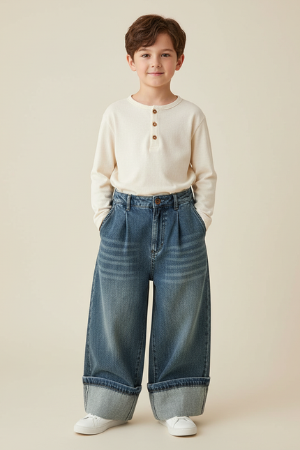 Pantalon Baggy Jean Ample Plissé Enfant Décontracté - Bleu