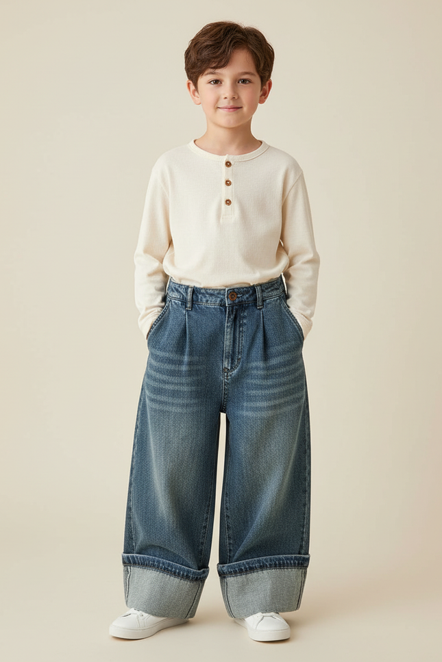 Pantalon Baggy Jean Ample Plissé Enfant Décontracté - Bleu