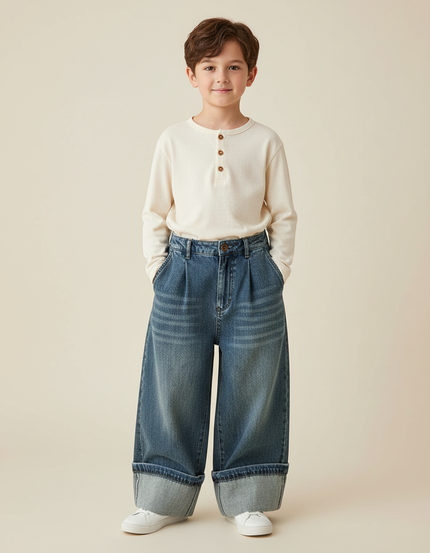 Pantalon Baggy Jean Ample Plissé Enfant Décontracté - Bleu
