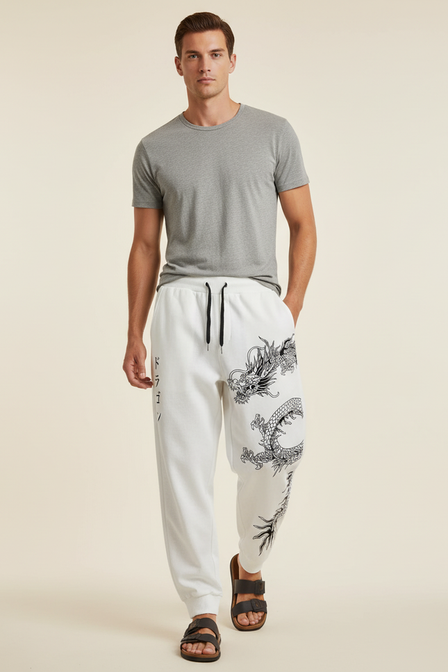 Pantalon Baggy Blanc Dragon Japonais Décontracté Homme - Molleton