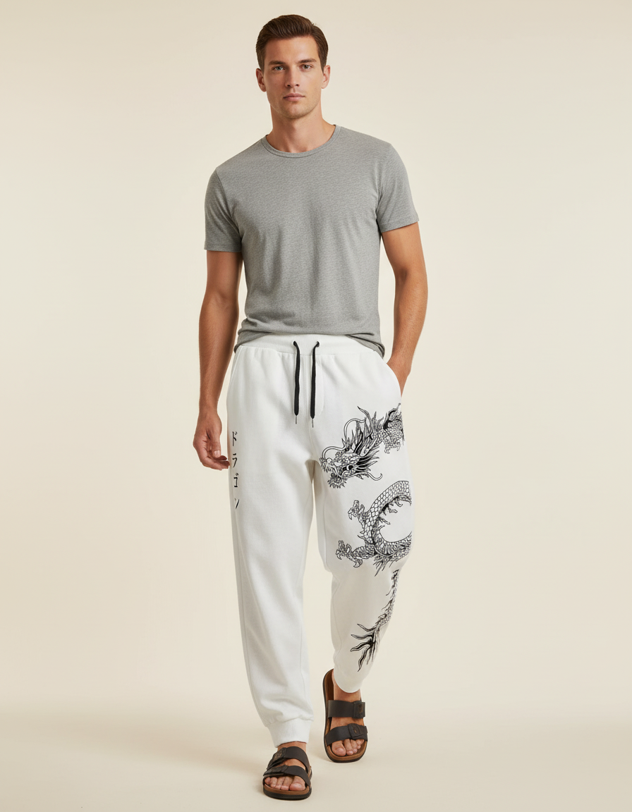 Pantalon Baggy Blanc Dragon Japonais Décontracté Homme - Molleton