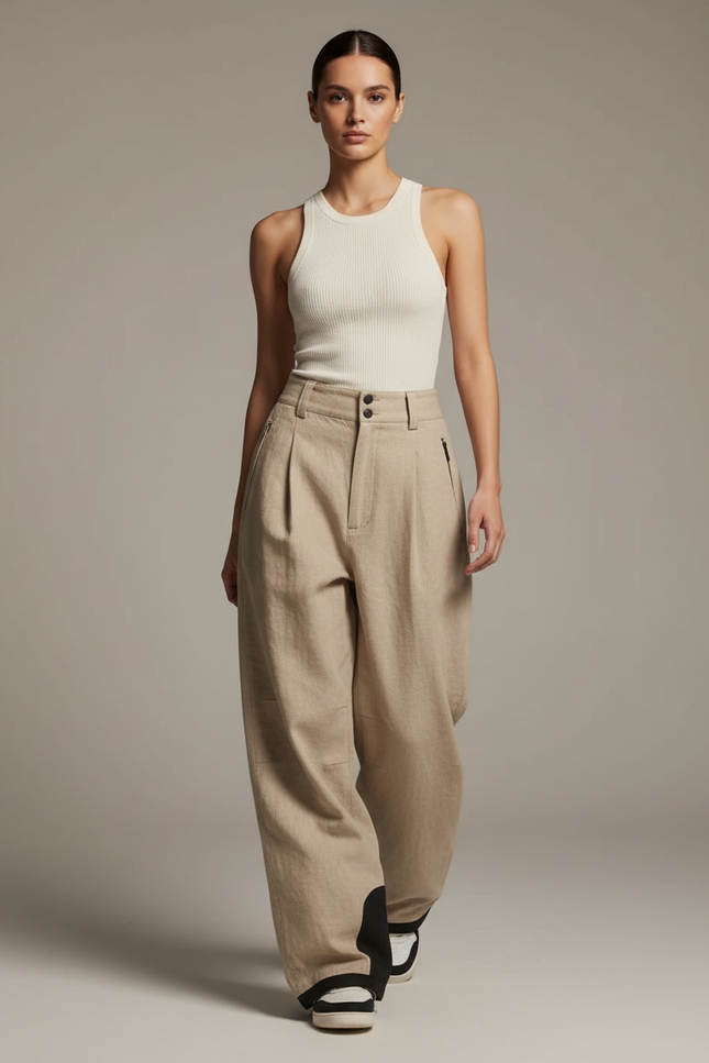 Pantalon Baggy Beige Ample Plissé Lin Femme